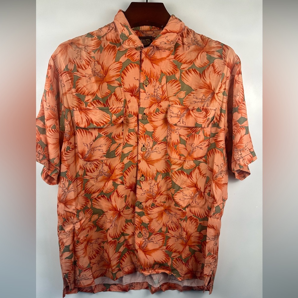 Tommy Bahama Mans Shirt M Orange Hawaiian Double Breasted